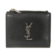 二手 SAINT LAURENT PARIS Cassandra 迷你錢包，光滑小牛皮，按扣閉合，可折疊，可作鈔票夾、卡包、零錢包，Monogram 圖案，YSL，黑色，對折錢包，575726 0SX