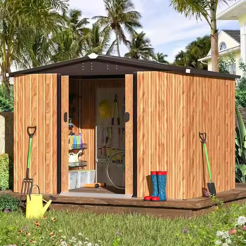 8x6 Ft Outdoor Storage Shed with Sliding Door, Outdoor Tool Shed Cabinet, Metal Garden Sheds Wooden 