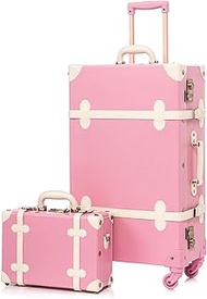 Vintage Luggage Sets, Retro Suitcase with Spinner Wheels TSA Lock and Carry On Briefcase for Women Men, Pink, 26"+12"