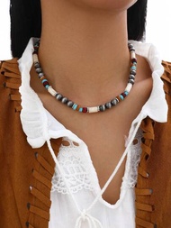 1 pieza Collar de cuentas de moda con estilo de vaquero occidental vintage de perlas de Navajo turquesa