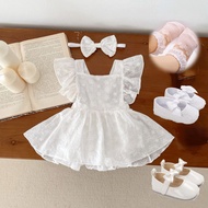Christening Dress for Baby Girl Lace Flying Sleeve Dress Onesie+headband Birthday Set Baby Girl Outfit 6-12 Month Wedding Girls Princess Set 1-2 Years Old Girls Baptismal Suit
