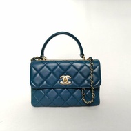 CHANEL TrendyCC手提風琴包小號25藍色羊皮23開金扣肩背包