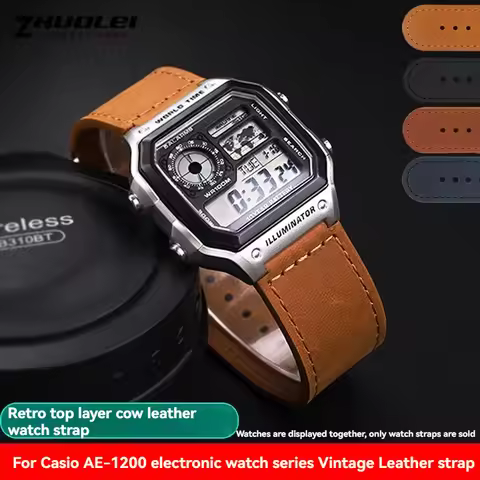 Retro Cowhide Watch Strap All Metal Case for Casio AE1200 AE-1200 AE-1200wh AE1300 18mm Vintage Watc