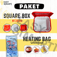PAKET Kotak Makan Traveling/Kotak Makan Pemanas instan/Lunch Box + Self Heating Bag - Square Merah