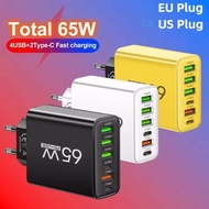 65W 6口快充PD USB C GaN充電器3.0 Type C手機轉接器，適用於iPhone 15 14 小米 三星 快速牆充