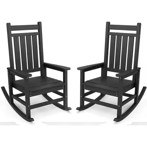 Outdoor Rocking Chair Set of 2, HDPE Rocking Chairs for Adult, Black