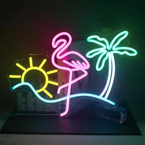 Flamingo Sun Palm Tree Neon Sign for Wall Decor Home Bar Cart Summer Beach Restaurant Man Cave Beer 