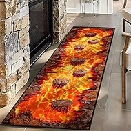 3D Optical Illusion Flame Runner Rug, 1.3x7ft, Abstract Lava Long Kitchen Rug, Retro Rock Cracks Pri