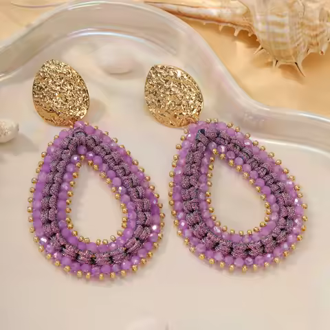 INKDEW Big Water Drop Shape Drop Earrings For Women Colorful Beads Handmade Threading Crystal Long E