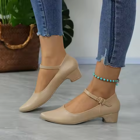 New Round Head Shallow Square Heel Shoes Women's Elegant Fashion High Heels Dress Shoes Zapatos Muje