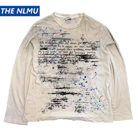 Graffiti Graphic Dirty Washed T-shirts Vintage Long Sleeve T Shirts Loose Casual Tee Tops Unisex Ret