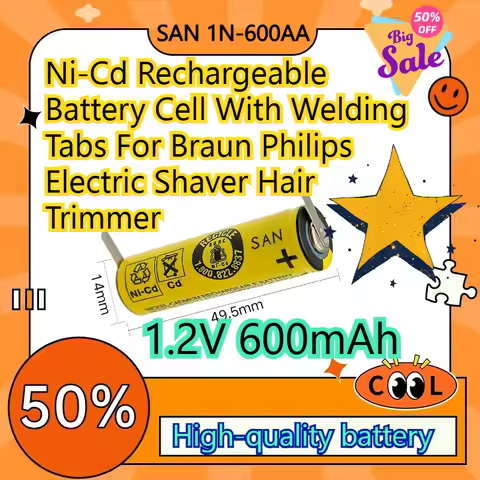 SAN 1N-600AA 1.2V 600mAh Ni-Cd Rechargeable Battery Cell With Welding Tabs For Braun Philips Electri