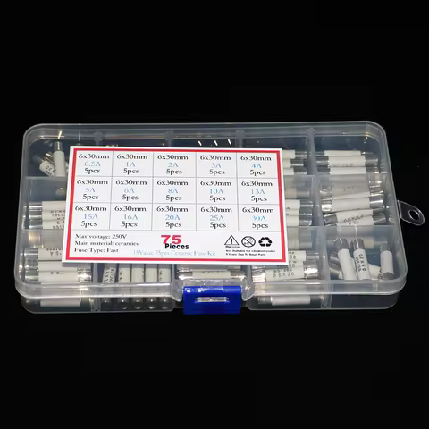 75pcs/Box 6mm x 30mm 250V Fast Blow Ceramic Fuse Assortment Kit 0.5A 1A 2A 3A 4A 5A 6A 8A 10A 13A 15