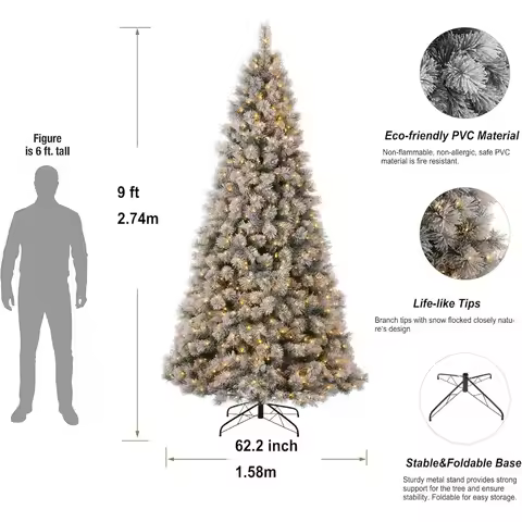 9 ft Pre-Lit Artificial Christmas Tree, Snowflake Flocked Pine Tree, Warm White Light, 1030 Branch T