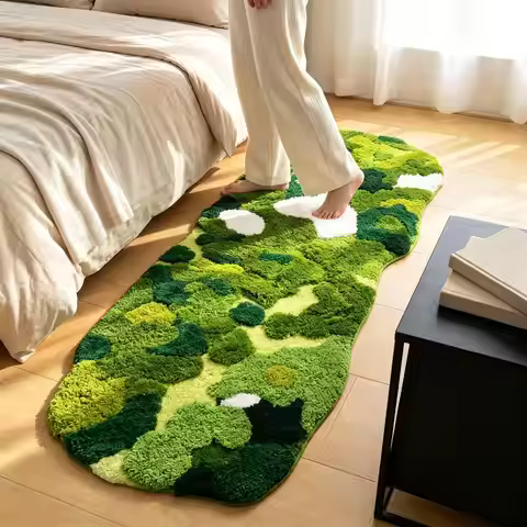 Forest Moss Bedside Rug, Hand Tufted 3D Plush Carpet, Thick Microfiber Soft Comfortable Bathroom Mat