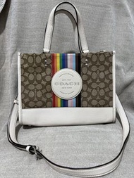 Coach Dempsey Tote 22 In Signature Jacquard With Rainbow Stripe & Coach Patch