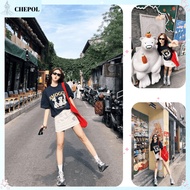 Set (Navy Blue Shirt + Short Skirt) Chepol Unisex T-shirt with Embossed Cartoon Print, 2-Way Stretch