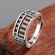 S990 Pure Silver Lucky Fortune Transfer Vintage Thai Coin Abacus Ring Men Women Style Opening Adjustable Unique