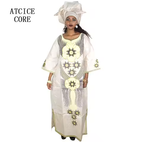 African Dresses For Woman Bazin Riche Embroidery Desing Long Dress With Scarf 2 Piece Set