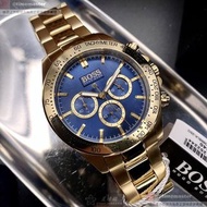 BOSS手錶,編號HB1513340,44mm金色圓形精鋼錶殼,寶藍色三眼, 中三針顯示, 運動錶面,金色精鋼錶帶款,頂級時尚!, 精雕細琢!