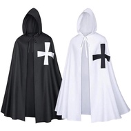 Halloween Medieval Crusader Knights Templar Cosplay Cloak Renaissance Vintage Black White Hooded Cap