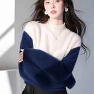 Clothes Fashion Tops Knitwear Match Coats Sweaters Warm White Blue Contrast Color Half Turtleneck So