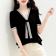 Women's Short sleeved T-shirt 2024 Summer Korean Edition Fashion and Elegance Slimming Lace up V-neck Top