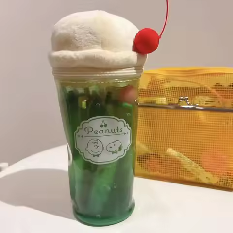 Cute Snoopy PVC Makeup Bag Transparent Waterproof Cosmetic Pouch With Ice Cream Plush Lid Large Capa