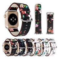 [HOT JUXXKWIHGWH 514] สายนาฬิกาหนังแท้สำหรับ Apple Watch สาย44มม. 40มม. 38มม. 42มม. ผู้หญิงผู้ชายดอกไม้พิมพ์สร้อยข้อมือสำหรับ Iwatch 5 4 3 2 1