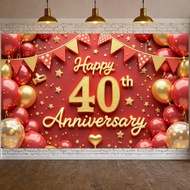 Red Golden Happy 40th Anniversary Party Banner Backdrop Sparkling Gold Glitter Banner for 40th Anniv