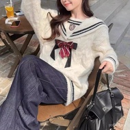 Autumn Winter Knit Sweater with Preppy Bow Knot Collar