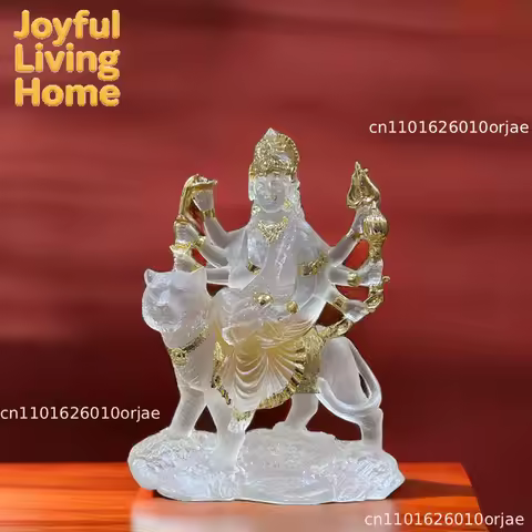 Indian Statue of Difficult To Approach Mother Durga Riding A Tiger and Lion Offering Resin Water Gla
