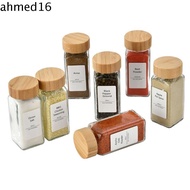 AHMED Spice Jars, Glass Square Spice Bottle, 4oz Perforated Transparent with Bamboo wood lid Seasoning Bottle Powder