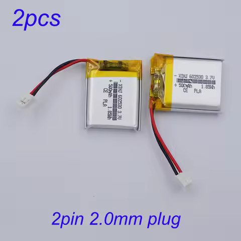 2pcs 3.7V 500mAh 602530 JST 2Pin 2.0m Connector Polymer Li LiPo Rechargeable Battery For GPS Driving