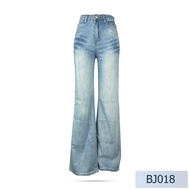 Niyom jeans รุ่น BJ018 กางเกงยีนส์ผู้หญิง ทรงขาม้า สียีนส์อ่อน แต่งริ้ว แต่งเฟด ผ้ายืด