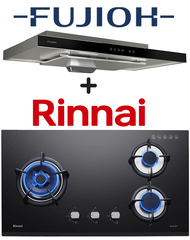 FUJIOH FR-MS1990R 90CM GLASS BLACK SLIMLINE HOOD WITH TOUCH CONTROL + RINNAI RB-73TG 3 BURNER HYPER FLAME GLASS HOB