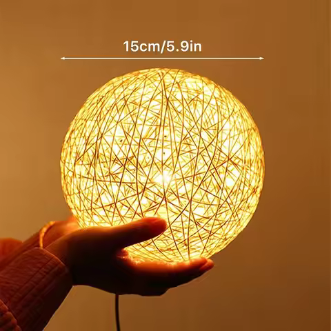 Rattan Ball Table Lamp USB Charging Night Light For Bedroom Nightight Wooden Stand Besides Lamp Deco