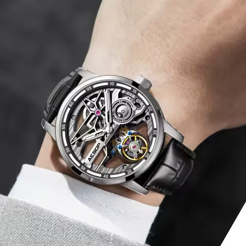 AESOP Flywheel Tourbillon Men's Watch Skeleton Manual Hollow Mechanical WristWatch Sapphire Luminous