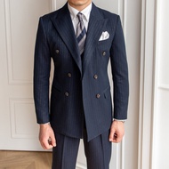 Mr. Lusan Banquet Gold Silk Striped Double-Breasted Elegant Business Suit Suit British Business Casual Retro Suit for Men