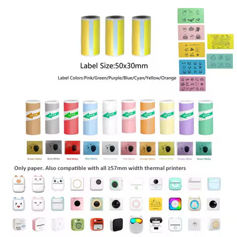57mm Color Sticker Label Thermal Label BPA Free for Peripage A6 Cute Cat C9 Paperang P1 Phomemo T02 