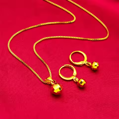 24K Gold AU999 Women's Thin Bead Earrings-Necklace Set-Polished Gold Beads in Arc, Thin Chain Flatte