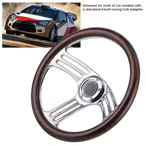 350mm/14in Dark Wood Grip 6‑Bolts Chrome 3‑Spoke Steering Wheel Vintage Style