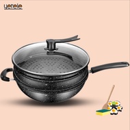 Medical Stone Non Stick Wok 28 / 30 / 32 / 34 CM Frying Pan With Lid Steamer Suitable For All Stoves Gas Induction Stove