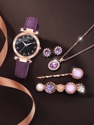 6入組奢華女士可愛個性紫色皮革數位手錶套裝,配有髮夾,項鍊和耳環珠寶套裝