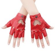 KINBOM 1 Pair Half Finger Leather Gloves, Stylish Red Fingerless Leather Gloves Biker Punk Gloves fo