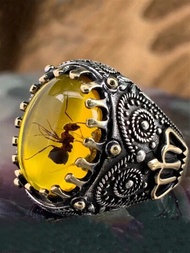 1枚復古大橢圓形模擬琥珀石戒指男女適用銀色黃螞蟻戒指復古土耳其婚禮珠寶