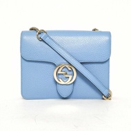 GUCCI Interlock風琴包小號20牛皮金扣藍色肩背包