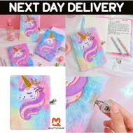 【MQLITTLESHOP】UNICORN Secret Diary Notebook Journal Lock Keys Gift Cartoon Fur Fluffy Plush Children
