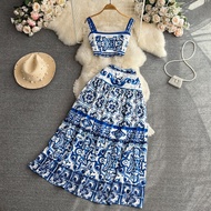 เสื้อกั๊กชุดสตรีแบบสวมคล้องคอพิมพ์ลายพอร์ซเลนสีฟ้าและสีขาวสำหรับผู้หญิง + ชุดสองชิ้น ROK High Waist 