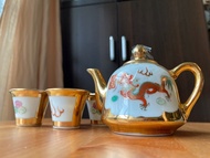 早期中國景德鎮 龍鳳 雙囍 燙金 玲瓏 茶具組 1壺1盤4杯